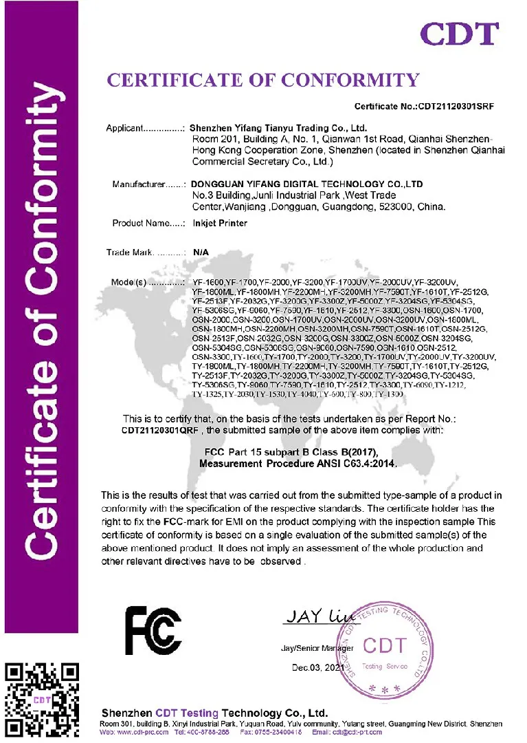 FCC certificate of conformity