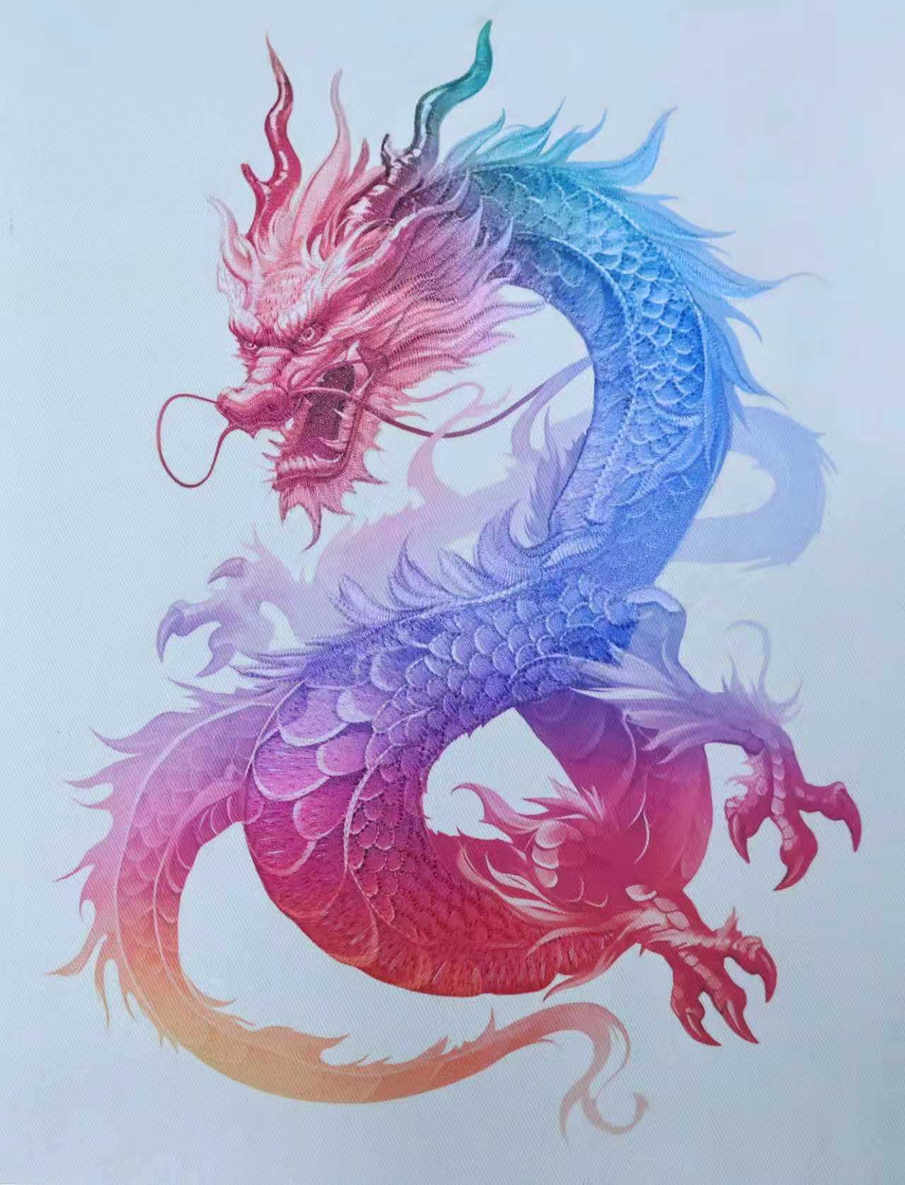 Full-color dragon sample, Color-gradient DTG artwork on a light garment panel
