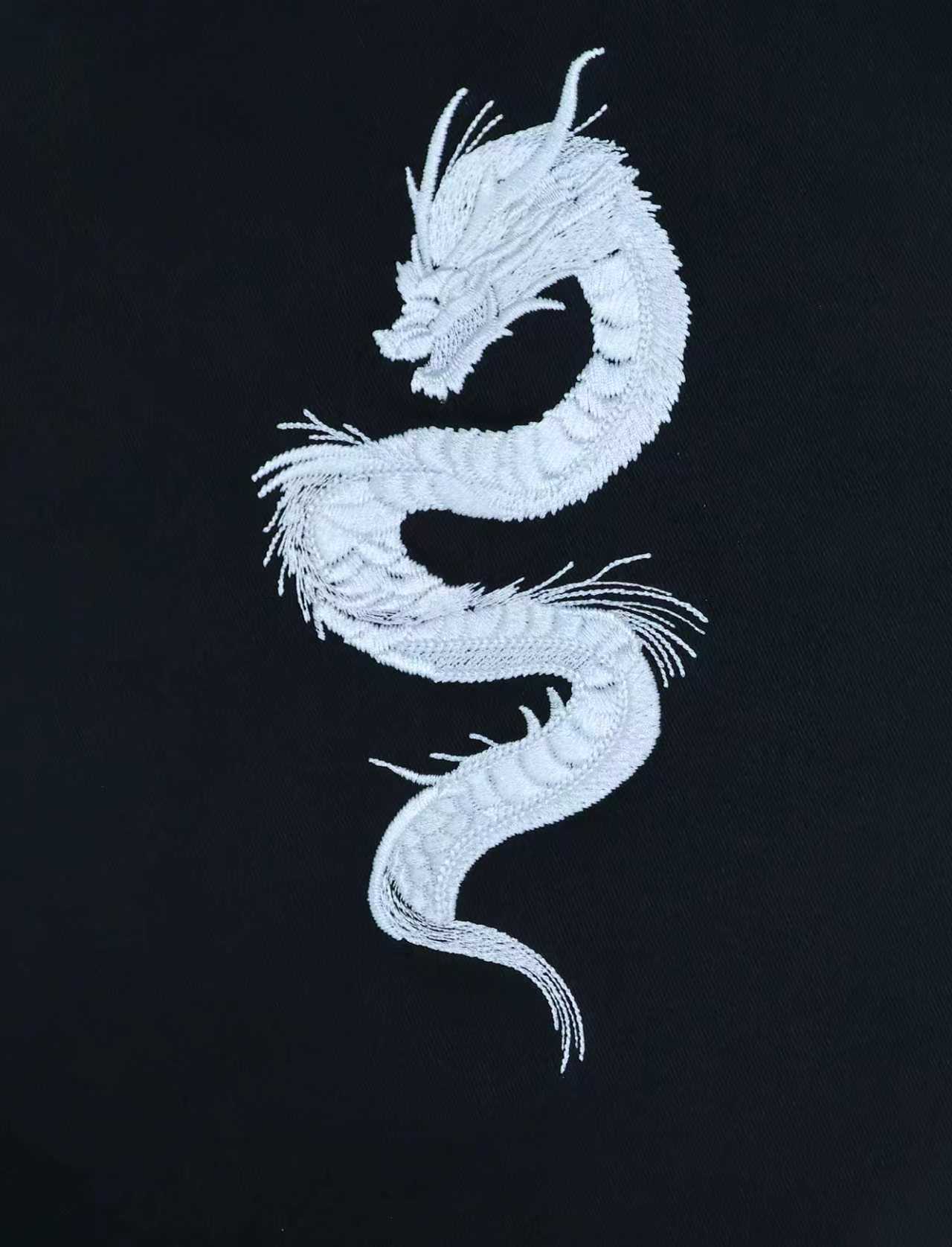 Fine-line dragon sample, Fine white lines printed on a dark garment panel