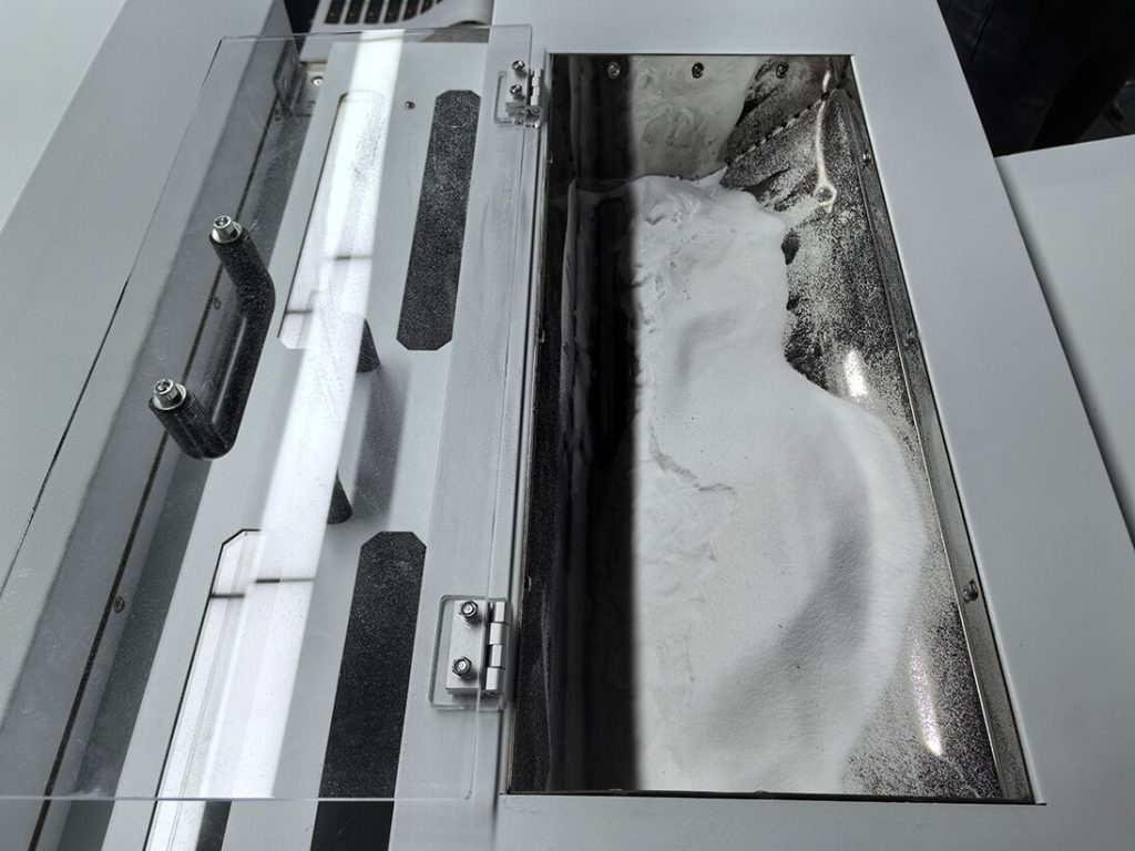 Powdering & shake-off · mesh-belt oven curing · cleaner transfer film