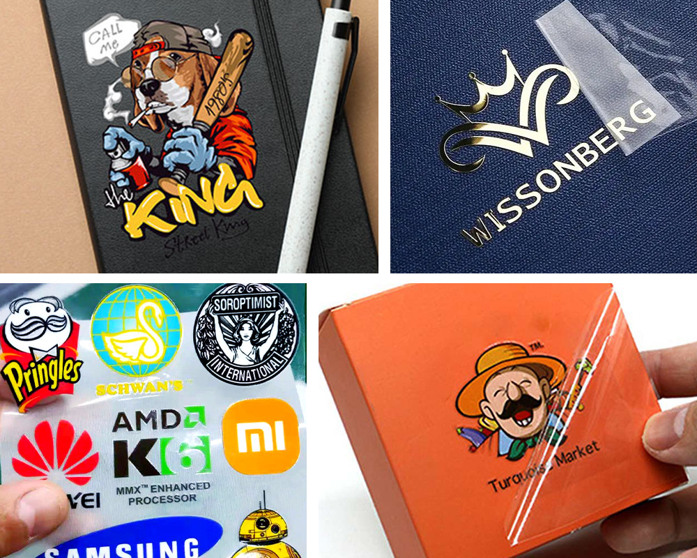 Labels & branded stickers, Crystal-label transfers on notebooks, boxes and devices